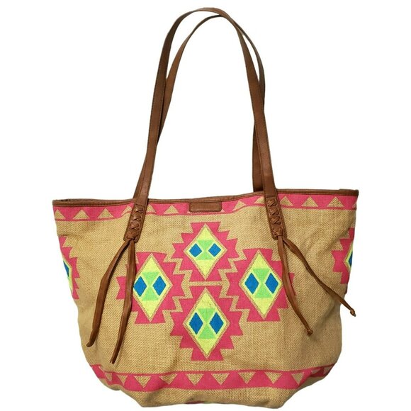 Billabong Boho Tote Beach Bag Southwest Purse Aztec Burlap Lined Hobo Tan Pink - Picture 15 of 16
